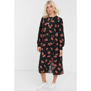 Nobody's Child Dress Womens 8 Black Red Floral Midi‎ Long Sleeve Poppy Print